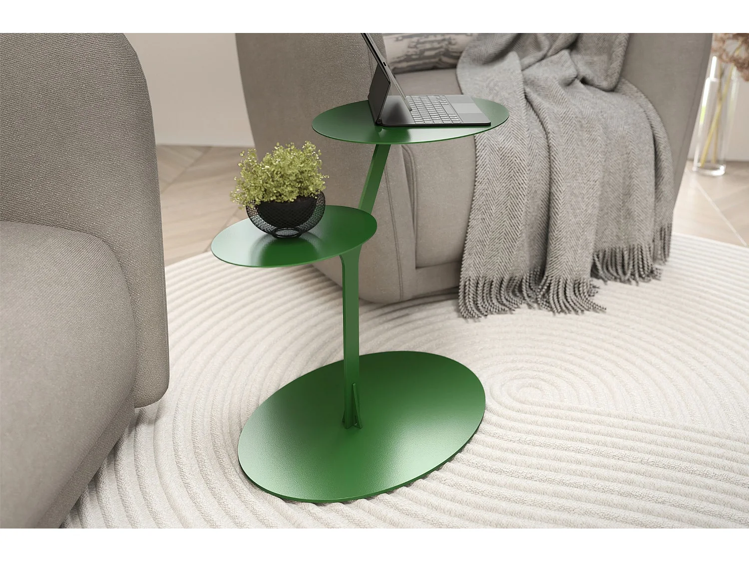 Beistelltisch Iroko mit 2 ablagen, metall, grün