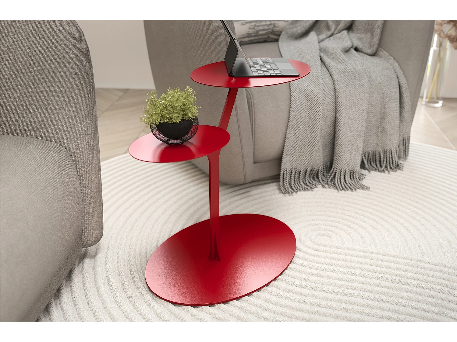 Beistelltisch Iroko mit 2 ablagen, metall, rot