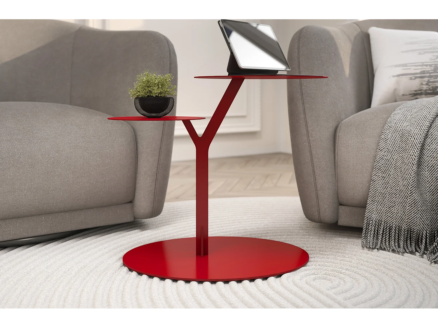 Beistelltisch Iroko mit 2 ablagen, metall, rot