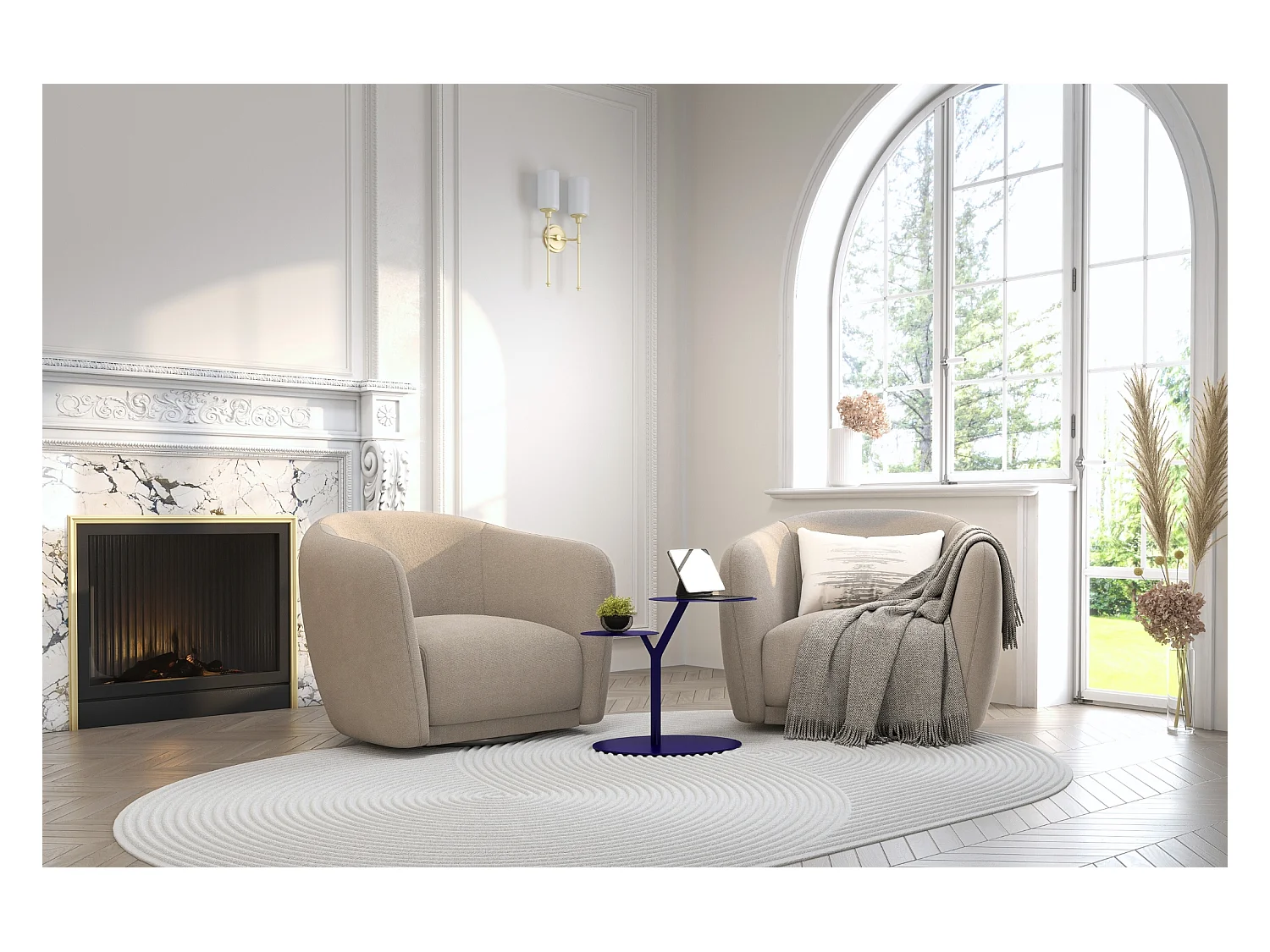 Stolik metalowy Kayani Iroko dwa blaty, kolor granat szlachetny