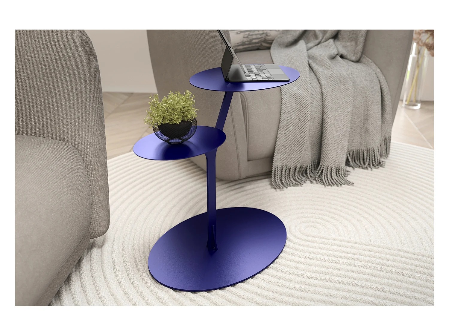 Stolik metalowy Kayani Iroko dwa blaty, kolor granat szlachetny