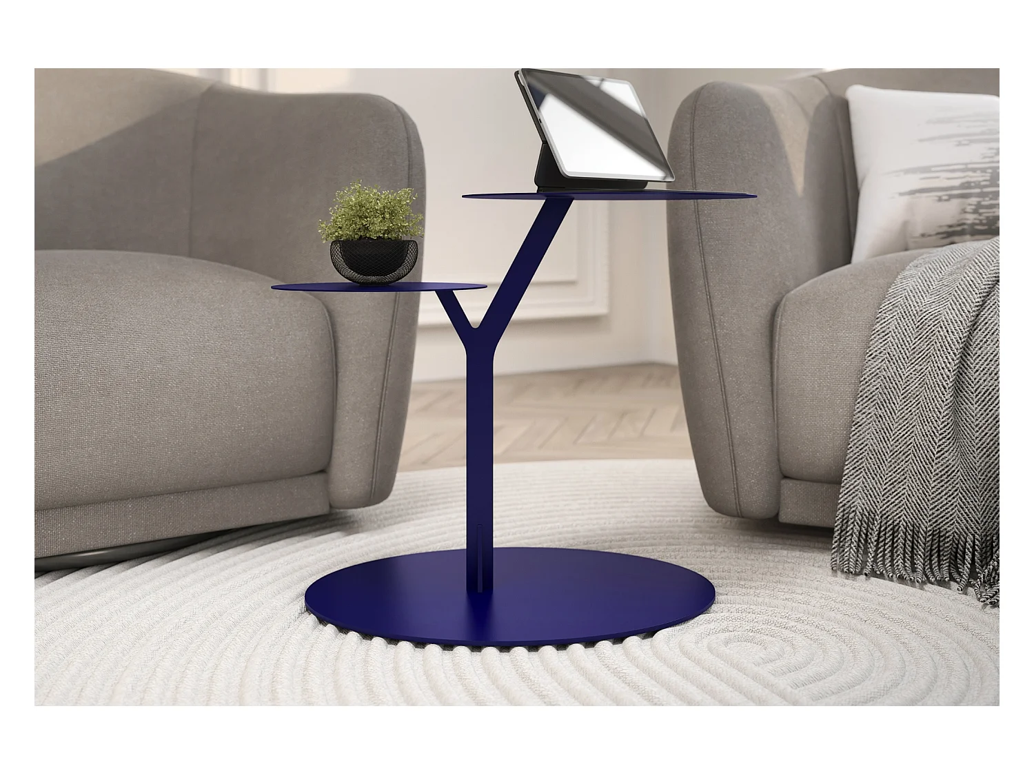 Stolik metalowy Kayani Iroko dwa blaty, kolor granat szlachetny