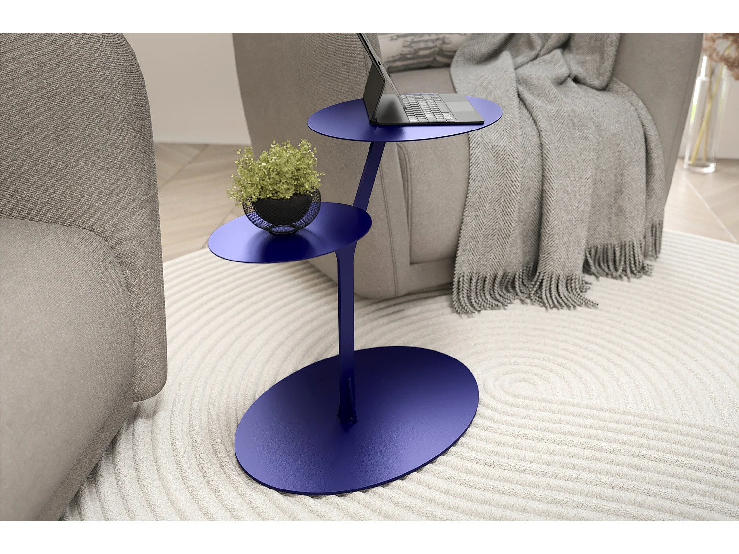 Beistelltisch Iroko mit 2 ablagen, metall, marineblau