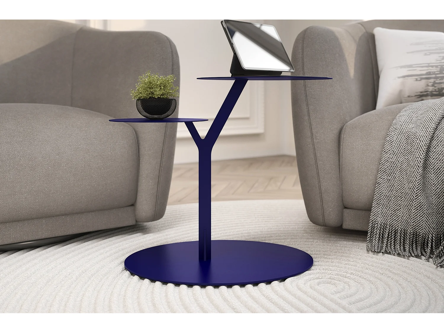 Beistelltisch Iroko mit 2 ablagen, metall, marineblau