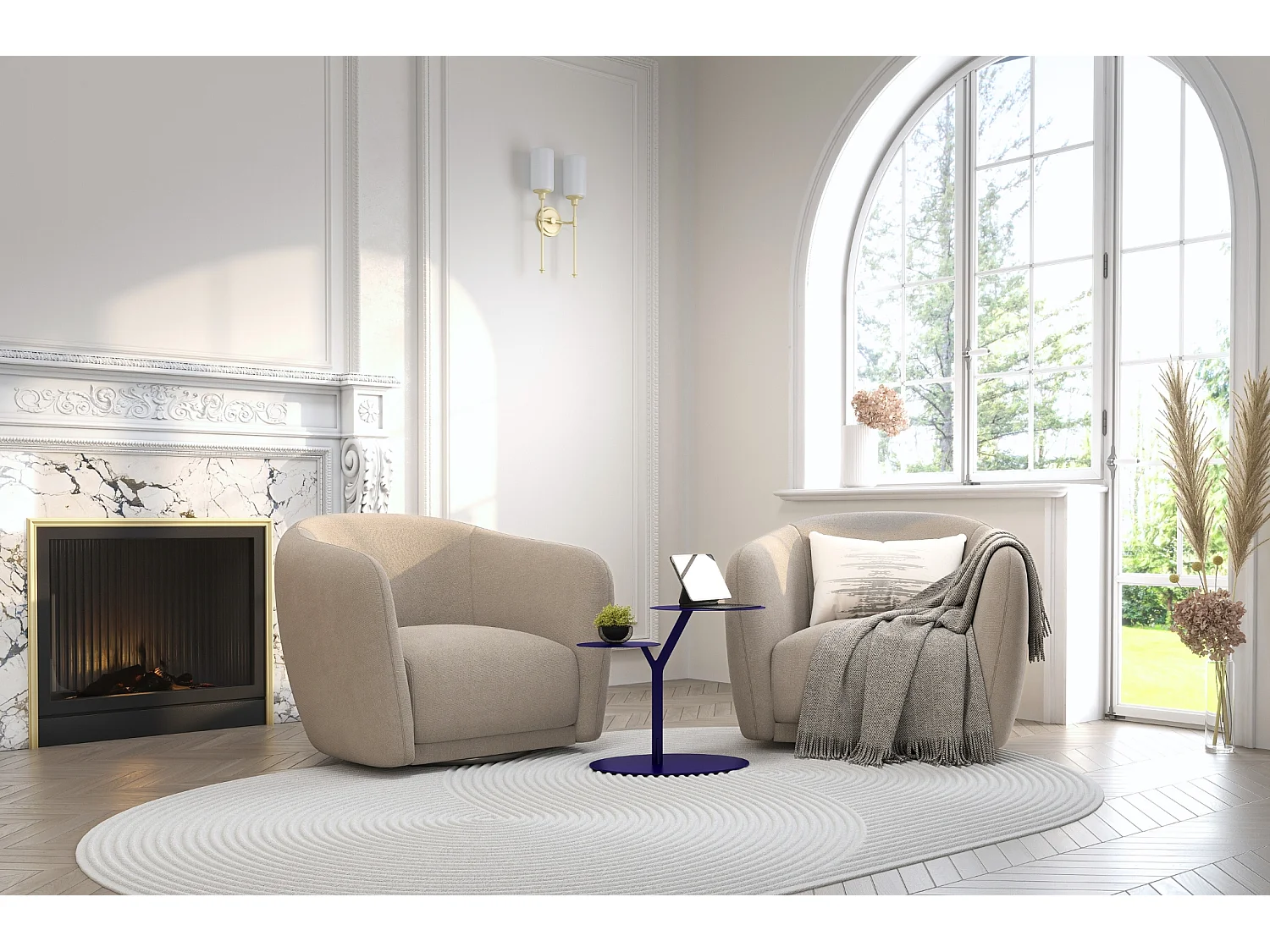 Beistelltisch Iroko mit 2 ablagen, metall, marineblau