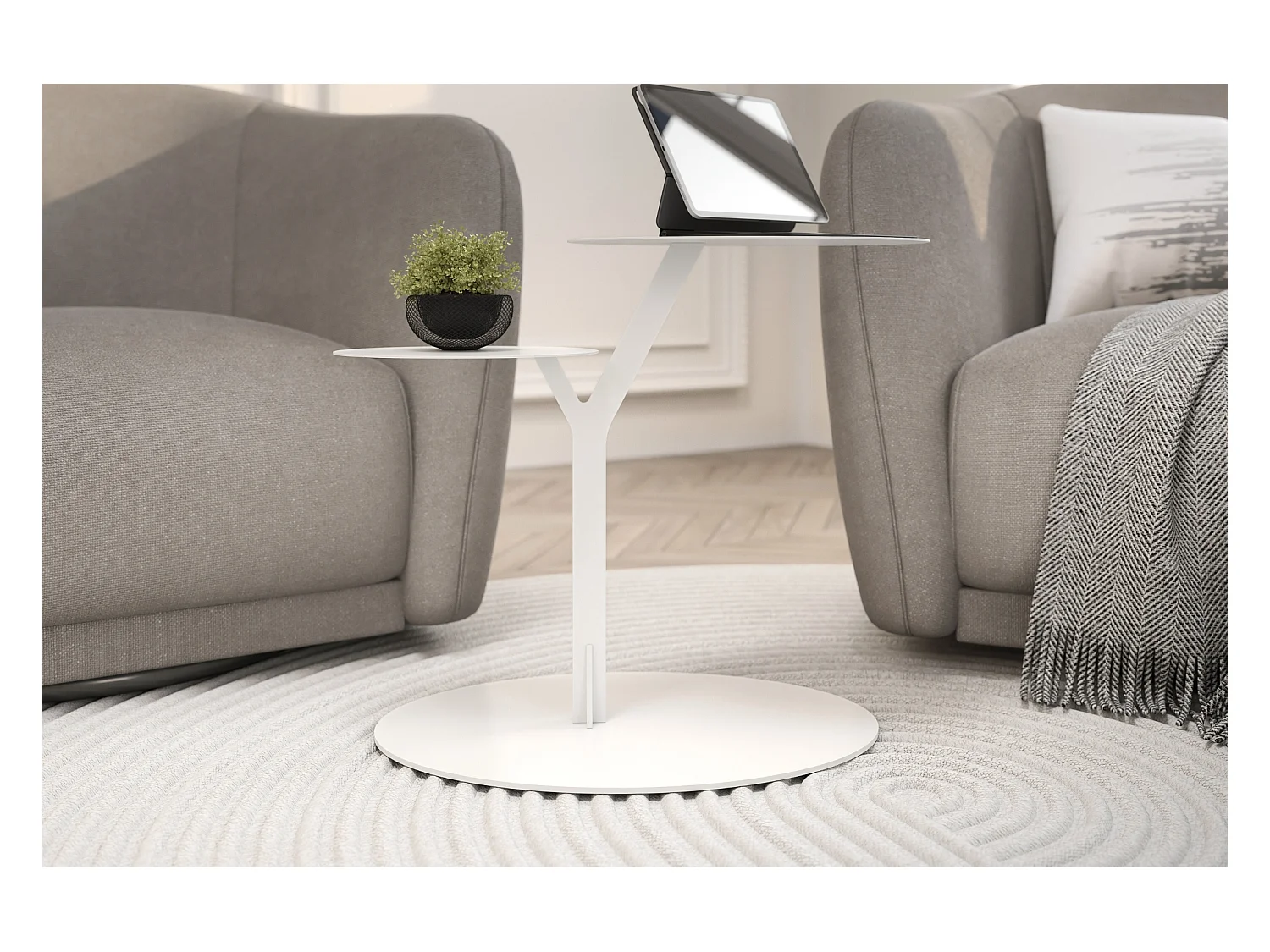 Stolik metalowy Kayani Iroko dwa blaty, kolor biały