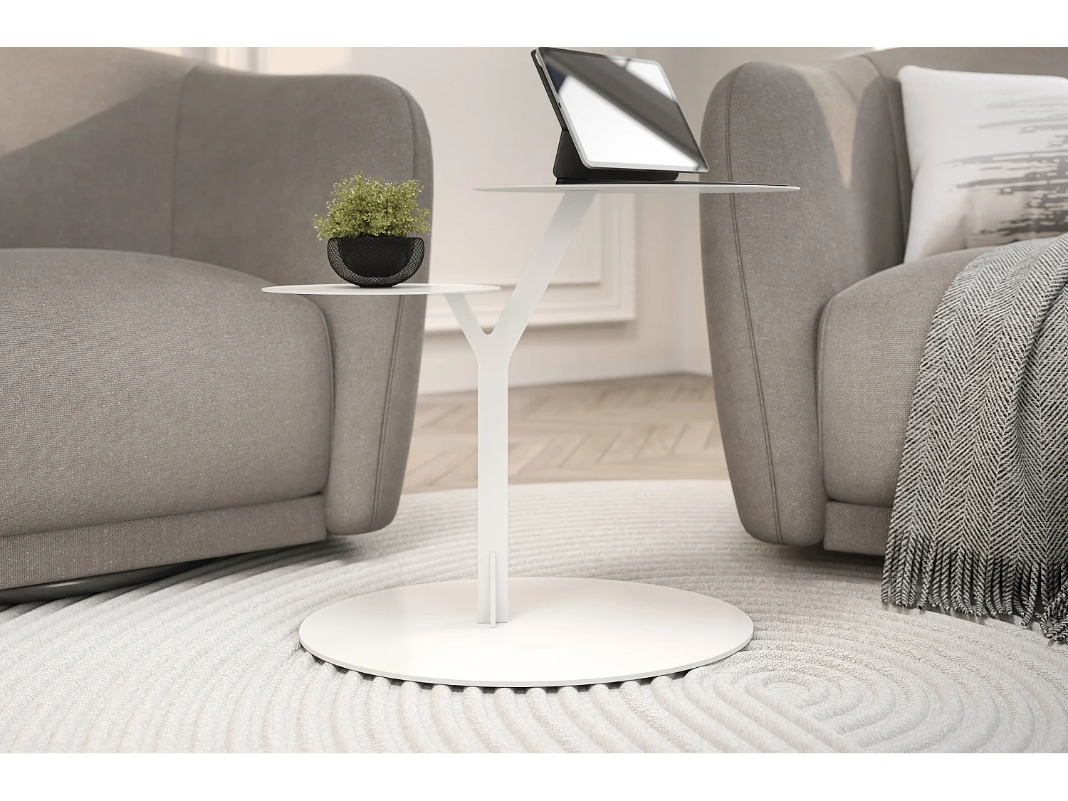 Stolik metalowy Kayani Iroko dwa blaty, kolor biały