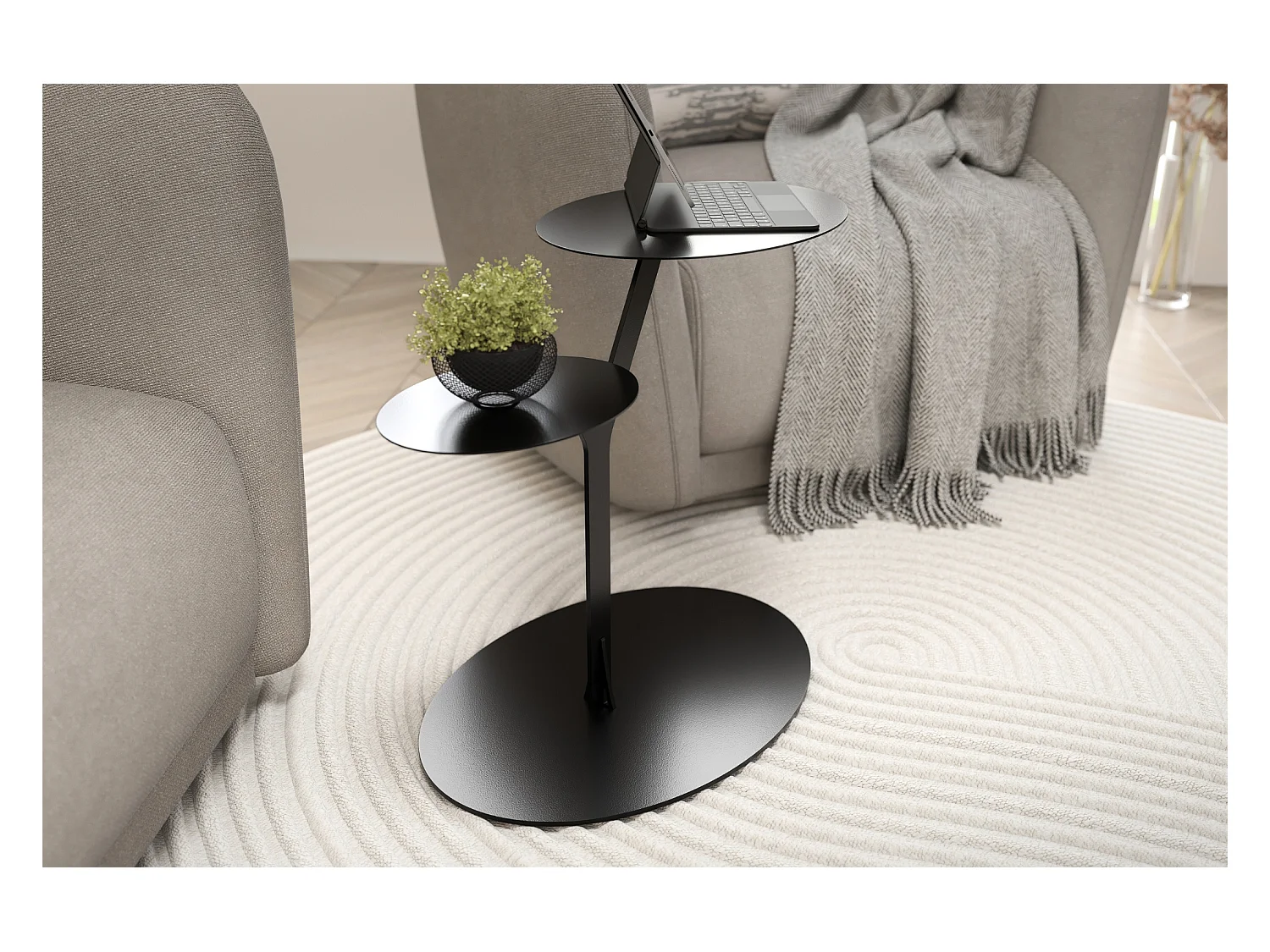 Stolik metalowy Kayani Iroko dwa blaty, kolor czarny