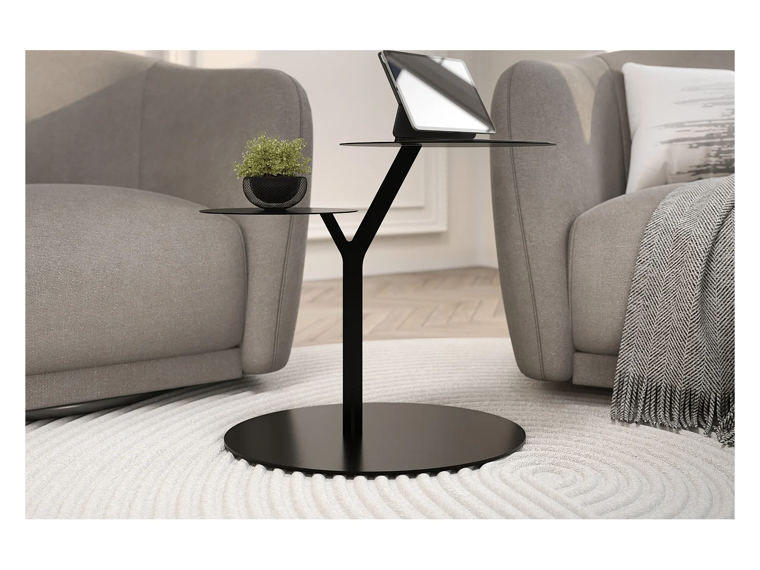 Stolik metalowy Kayani Iroko dwa blaty, kolor czarny