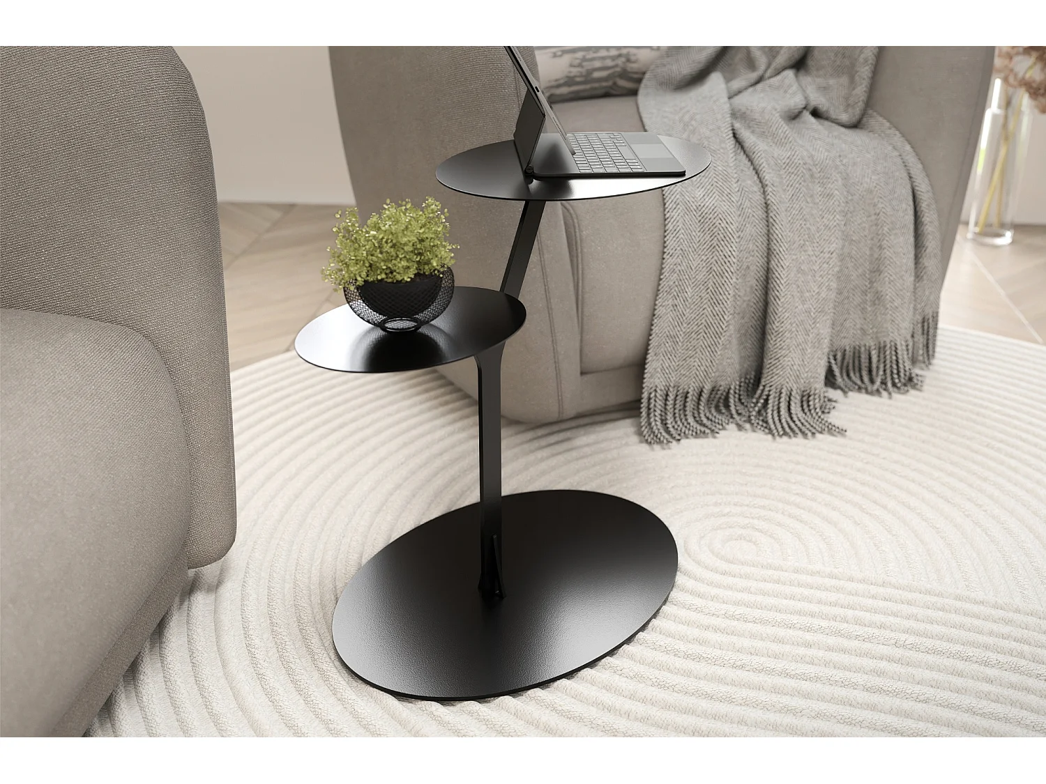 Beistelltisch Iroko mit 2 ablagen, metall, schwarz