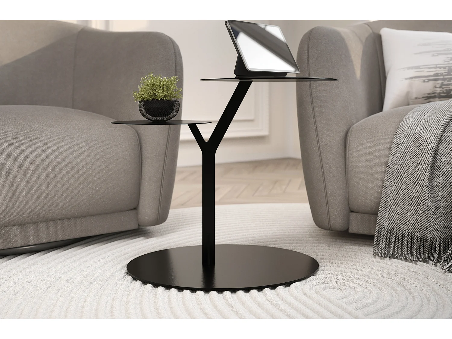 Beistelltisch Iroko mit 2 ablagen, metall, schwarz