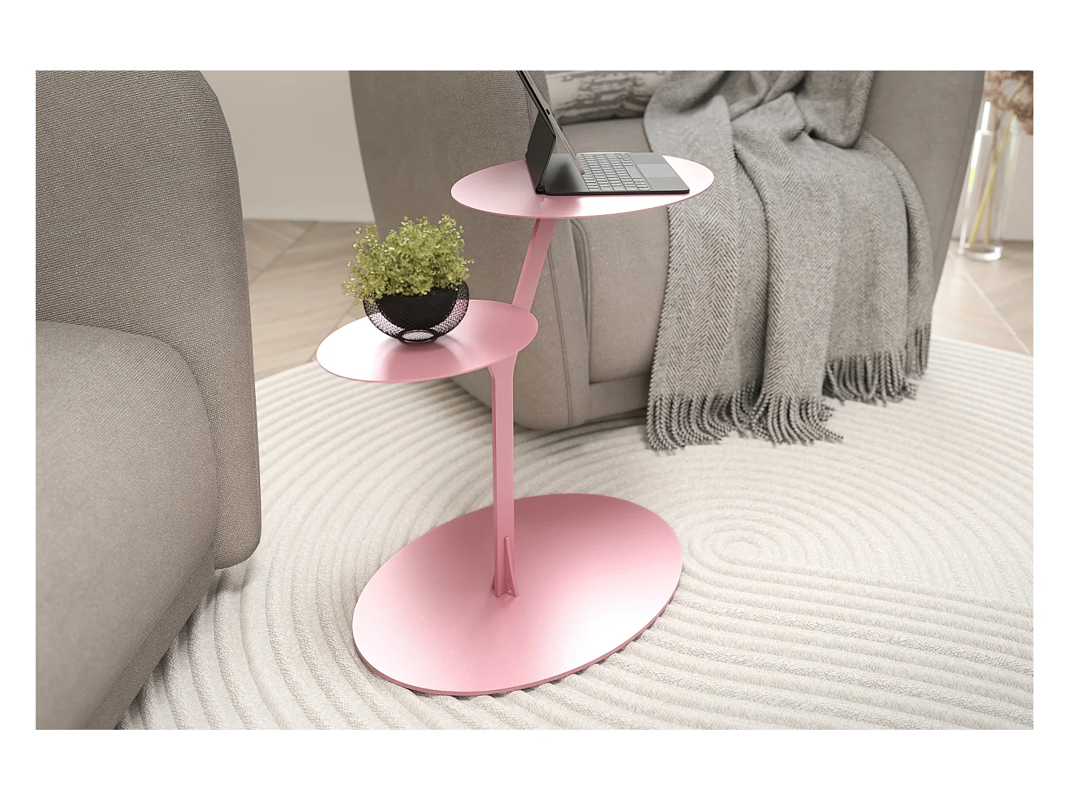 Stolik metalowy Kayani Iroko dwa blaty, kolor pudrowy róż