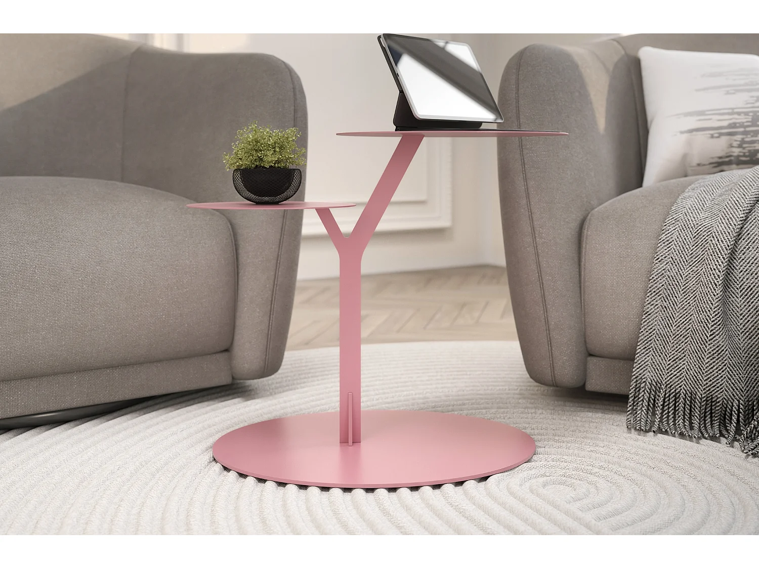 Stolik metalowy Kayani Iroko dwa blaty, kolor pudrowy róż