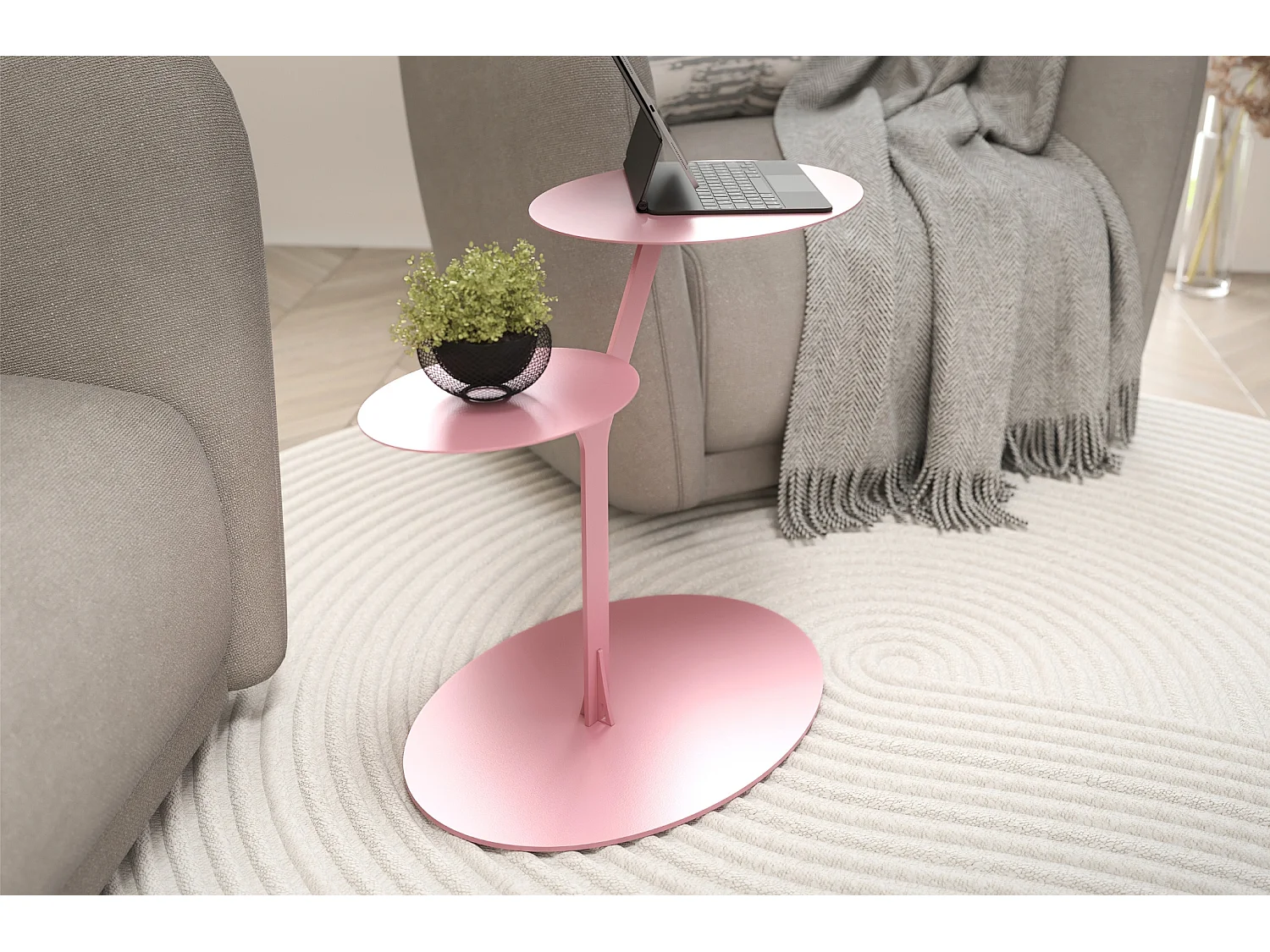 Beistelltisch Iroko mit 2 ablagen, metall, hellrosa