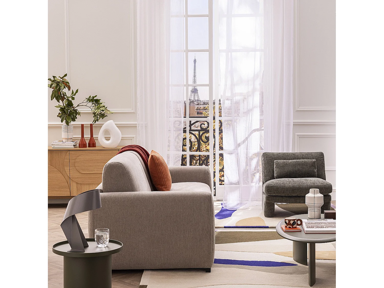 Fauteuil en tissu garni de plumes - Vert olive