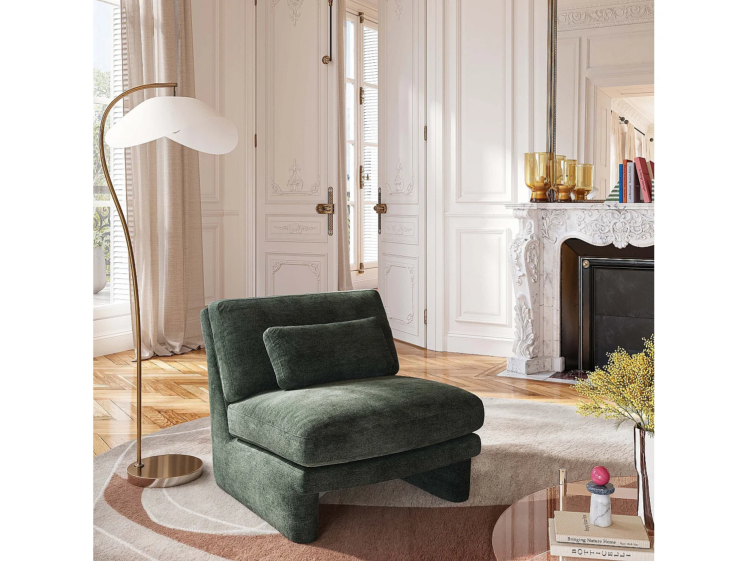 Fauteuil en tissu garni de plumes - Vert olive