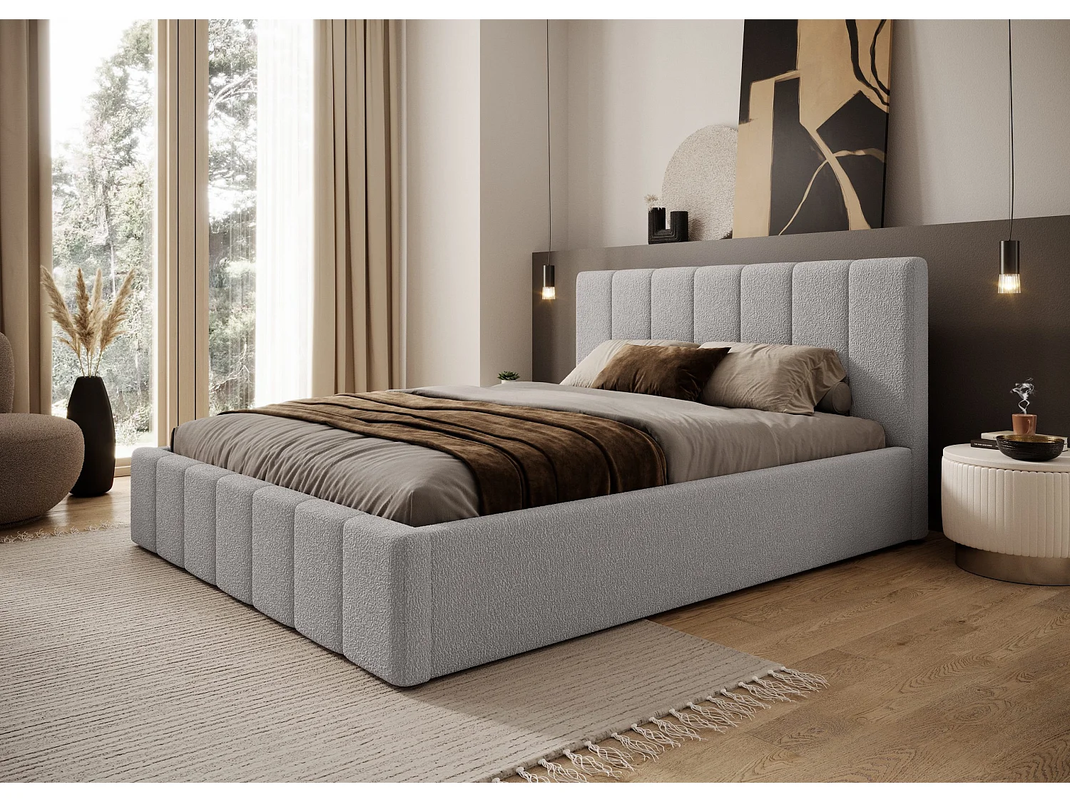 LIT TAPISSÉ avec coffre Slim Clennen 180x200 cm, gris clair (Anthology 15)