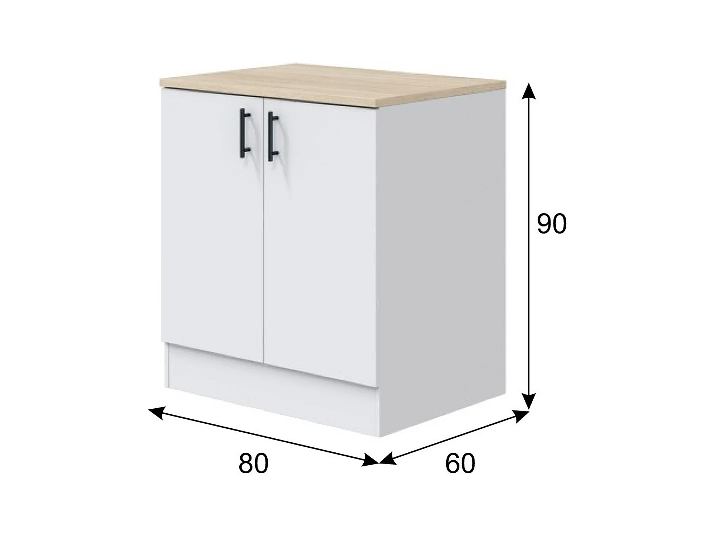 Meuble bas de cuisine sous évier 2 portes avec plan de travail  coloris blanc brillant /chêne canadien - hauteur 90 x longueur 80 x profondeur 60 cm