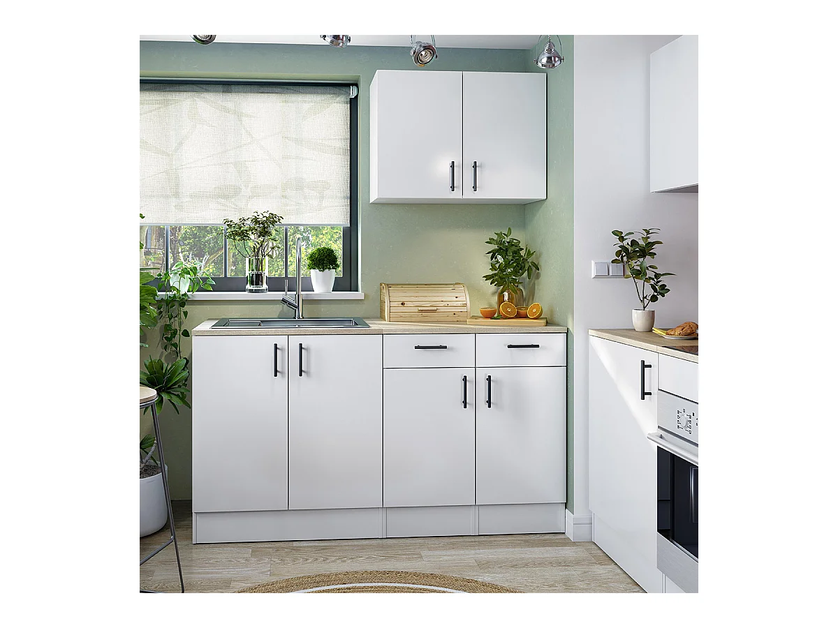 Meuble bas de cuisine sous évier 2 portes avec plan de travail  coloris blanc brillant /chêne canadien - hauteur 90 x longueur 80 x profondeur 60 cm