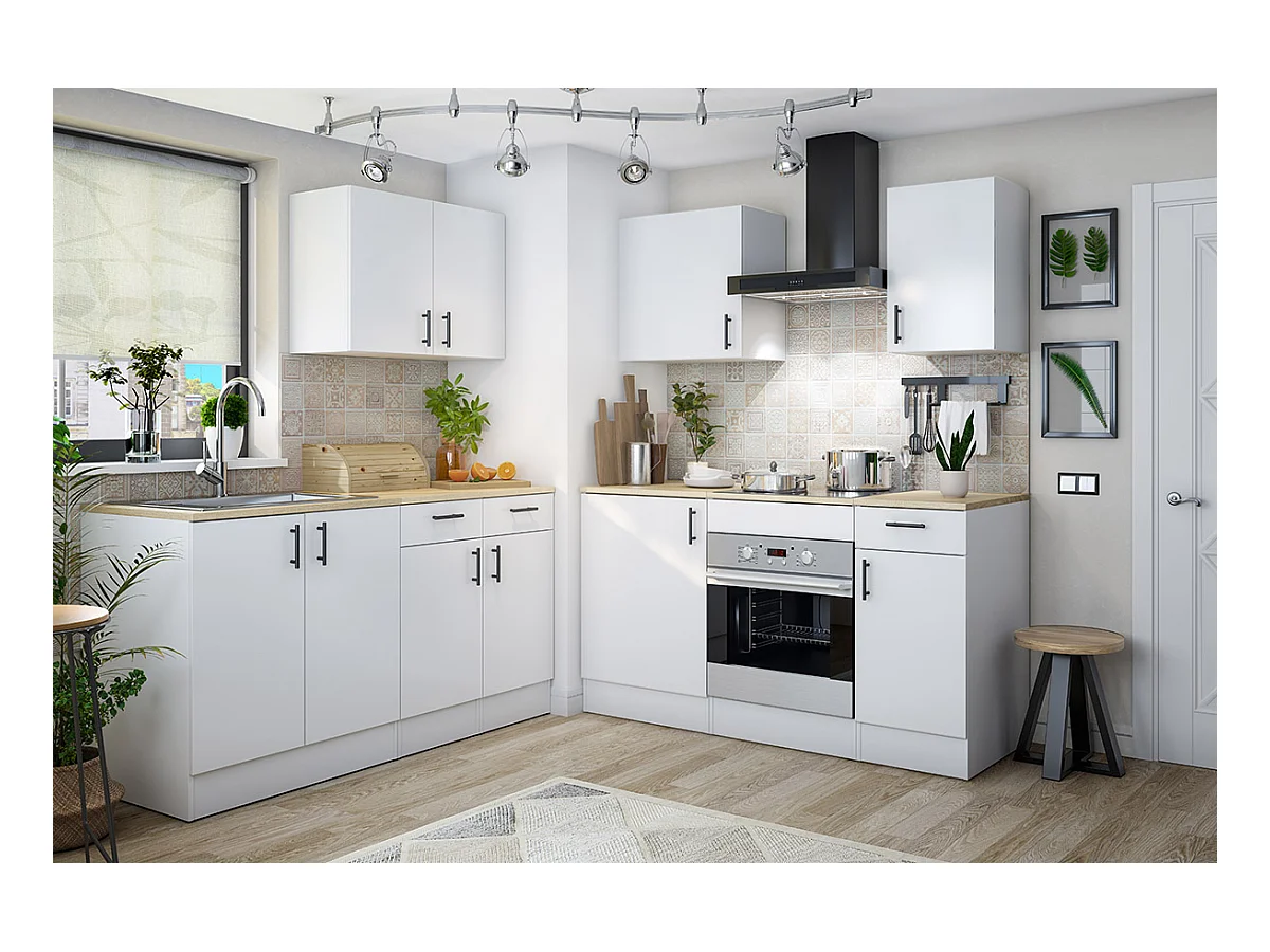 Meuble bas de cuisine sous évier 2 portes avec plan de travail  coloris blanc brillant /chêne canadien - hauteur 90 x longueur 80 x profondeur 60 cm