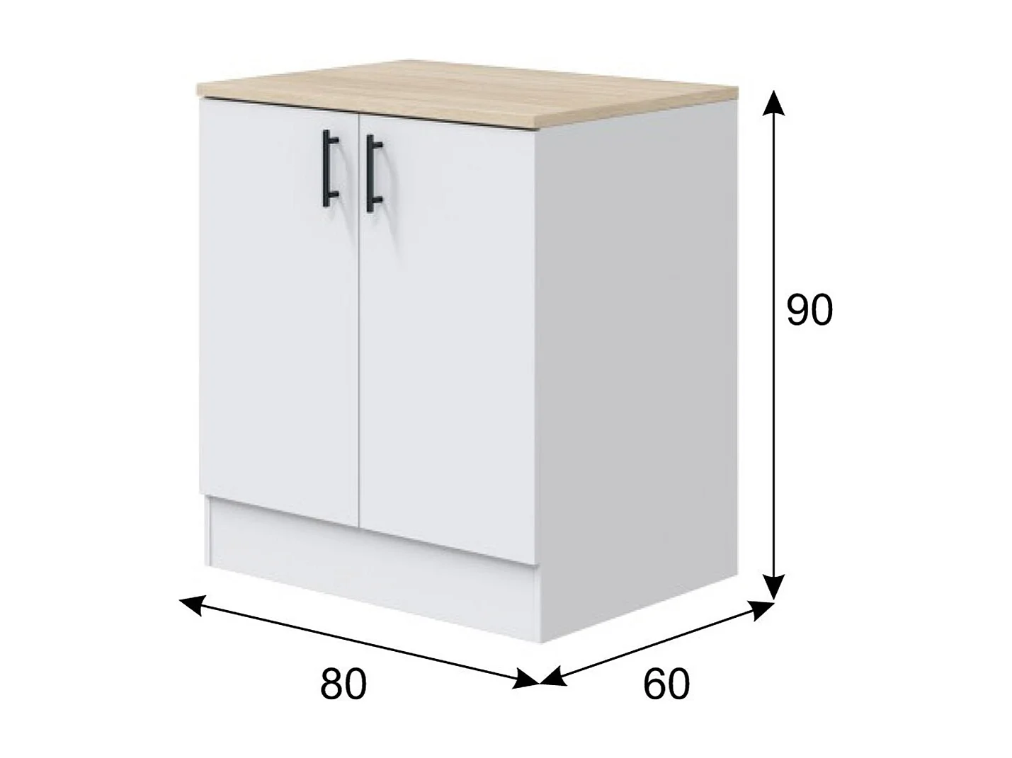 Meuble bas de cuisine sous évier 2 portes avec plan de travail  coloris blanc brillant /chêne canadien - hauteur 90 x longueur 80 x profondeur 60 cm
