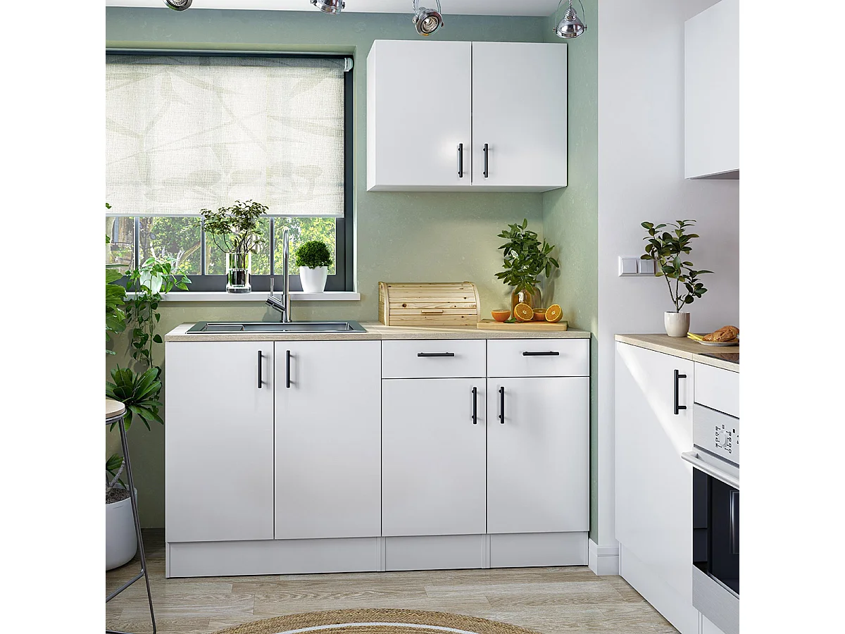 Meuble bas de cuisine sous évier 2 portes avec plan de travail  coloris blanc brillant /chêne canadien - hauteur 90 x longueur 80 x profondeur 60 cm