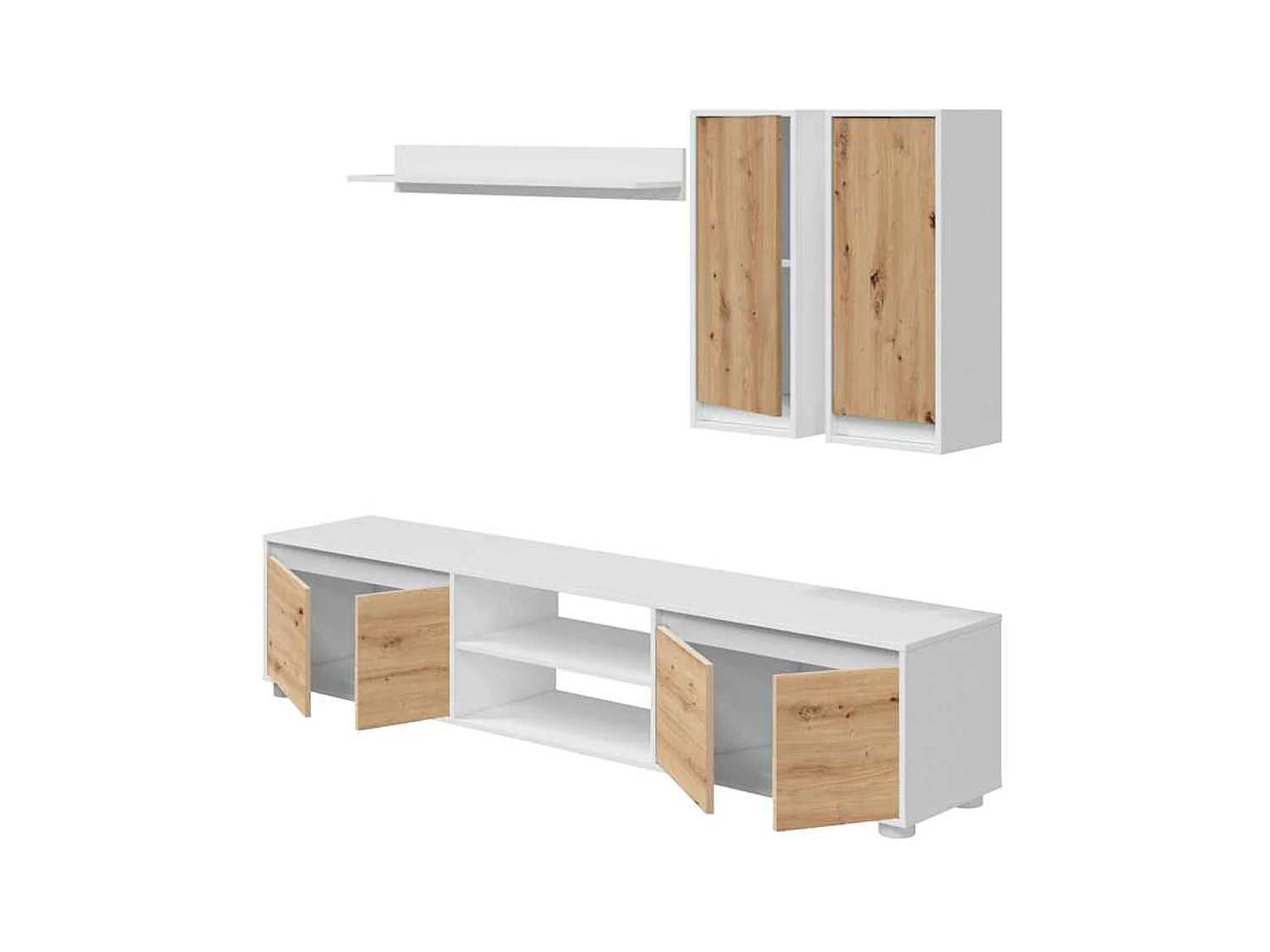 Ensemble de salon ( meuble TV, 2 meubles hauts, étagère murale) coloris chêne nordique, Blanc artik
