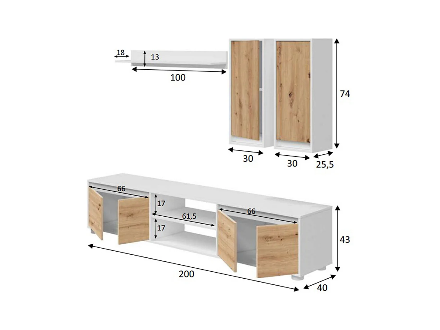 Ensemble de salon ( meuble TV, 2 meubles hauts, étagère murale) coloris chêne nordique, Blanc artik