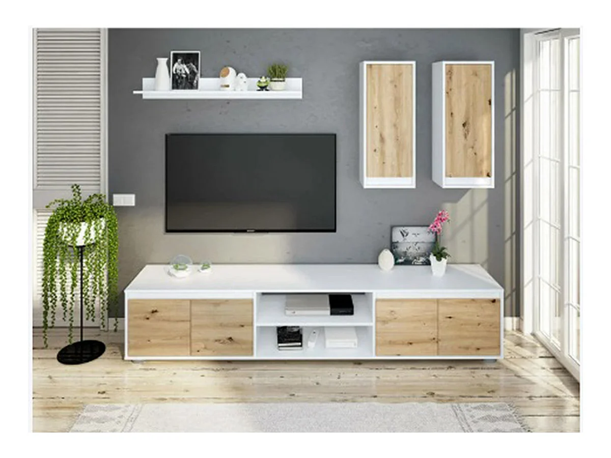 Ensemble de salon ( meuble TV, 2 meubles hauts, étagère murale) coloris chêne nordique, Blanc artik