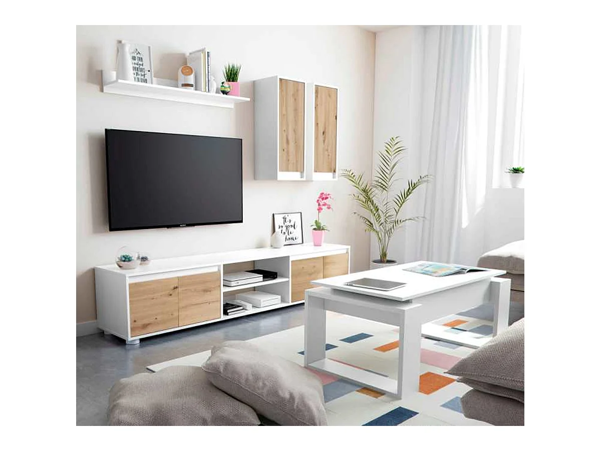 Ensemble de salon ( meuble TV, 2 meubles hauts, étagère murale) coloris chêne nordique, Blanc artik