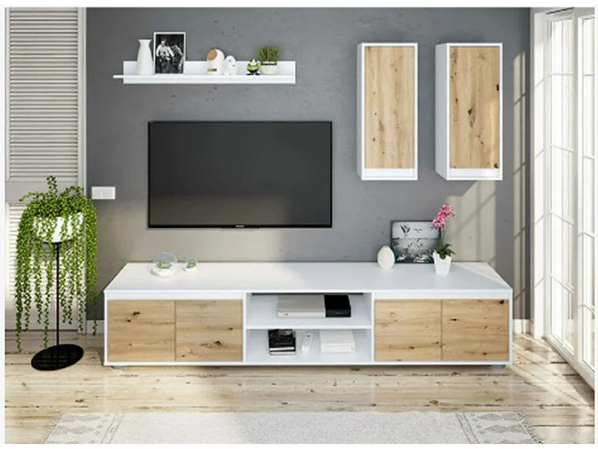 Ensemble de salon ( meuble TV, 2 meubles hauts, étagère murale) coloris chêne nordique, Blanc artik