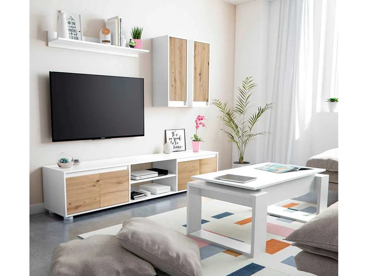 Ensemble de salon ( meuble TV, 2 meubles hauts, étagère murale) coloris chêne nordique, Blanc artik