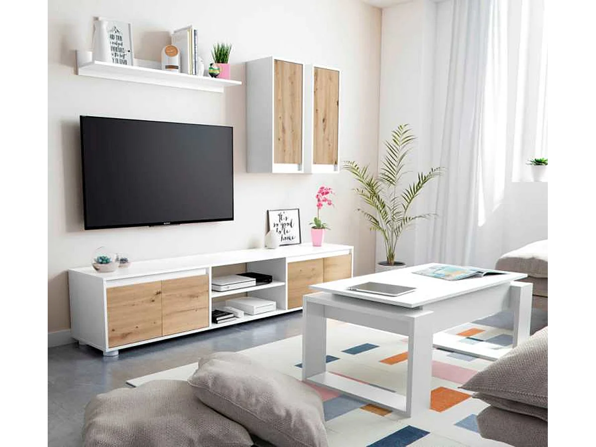 Ensemble de salon ( meuble TV, 2 meubles hauts, étagère murale) coloris chêne nordique, Blanc artik