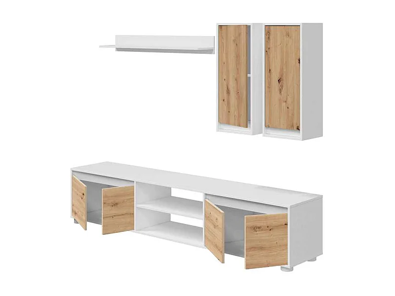 Ensemble de salon ( meuble TV, 2 meubles hauts, étagère murale) coloris chêne nordique, Blanc artik