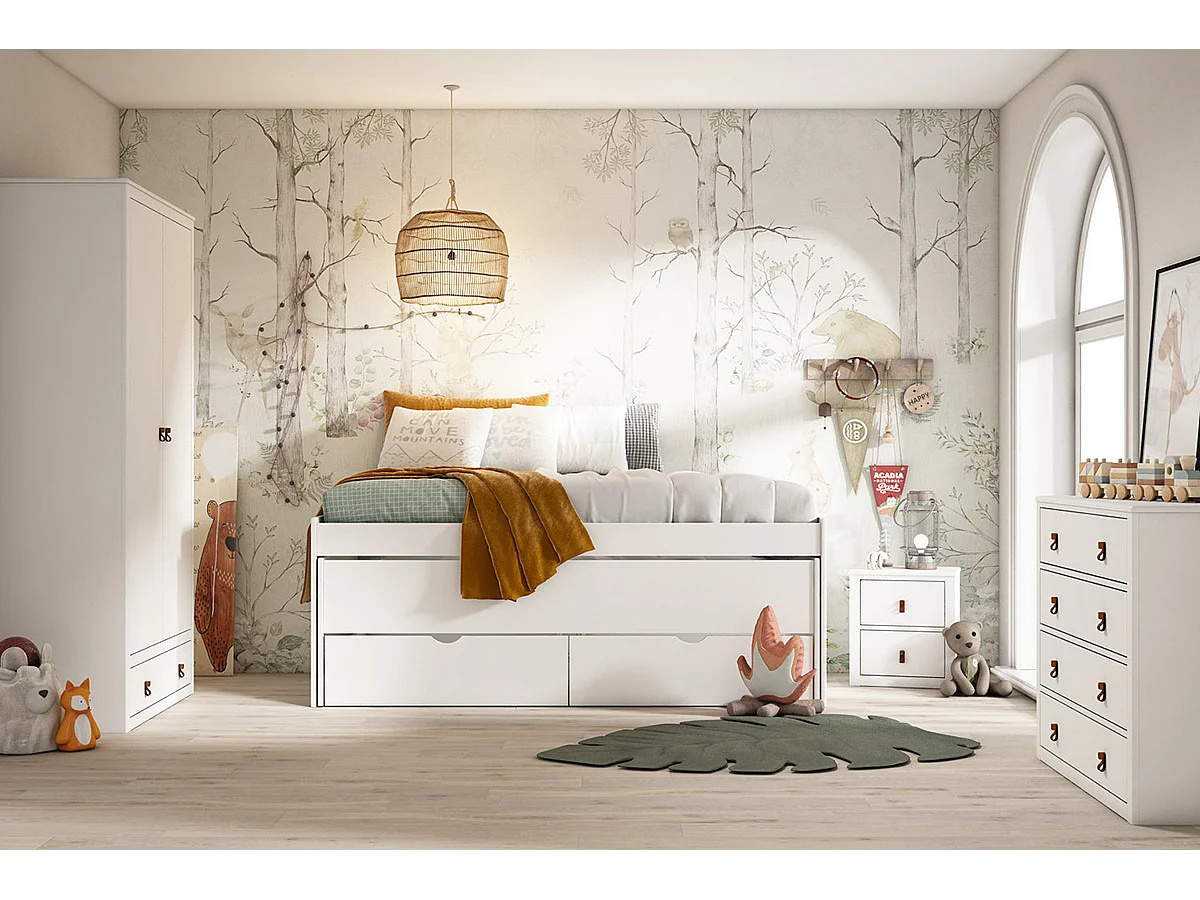 Lit enfant gigogne avec tiroirs en bois de pin massif coloris blanc - Hauteur 72 x largeur 195 x profondeur 96 cm