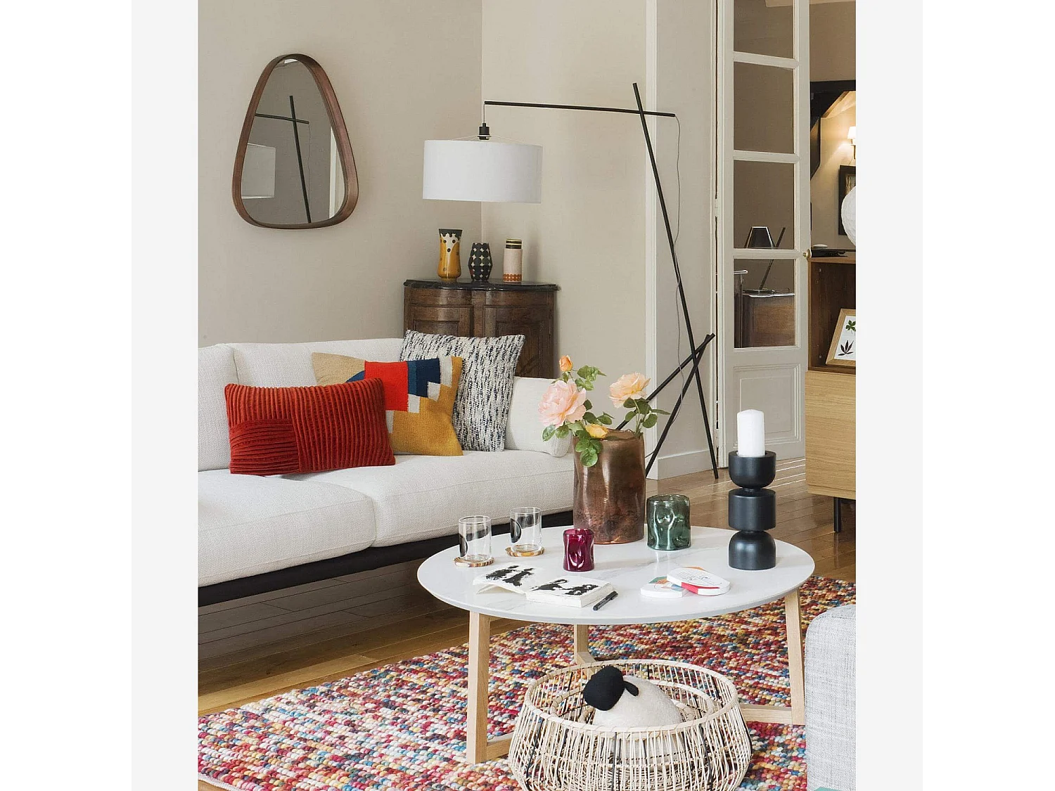 Habitat - Lampadaire en métal + 2 abat-jours en tissu coton - Hauteur 187 cm - Noir et Blanc  - Norman