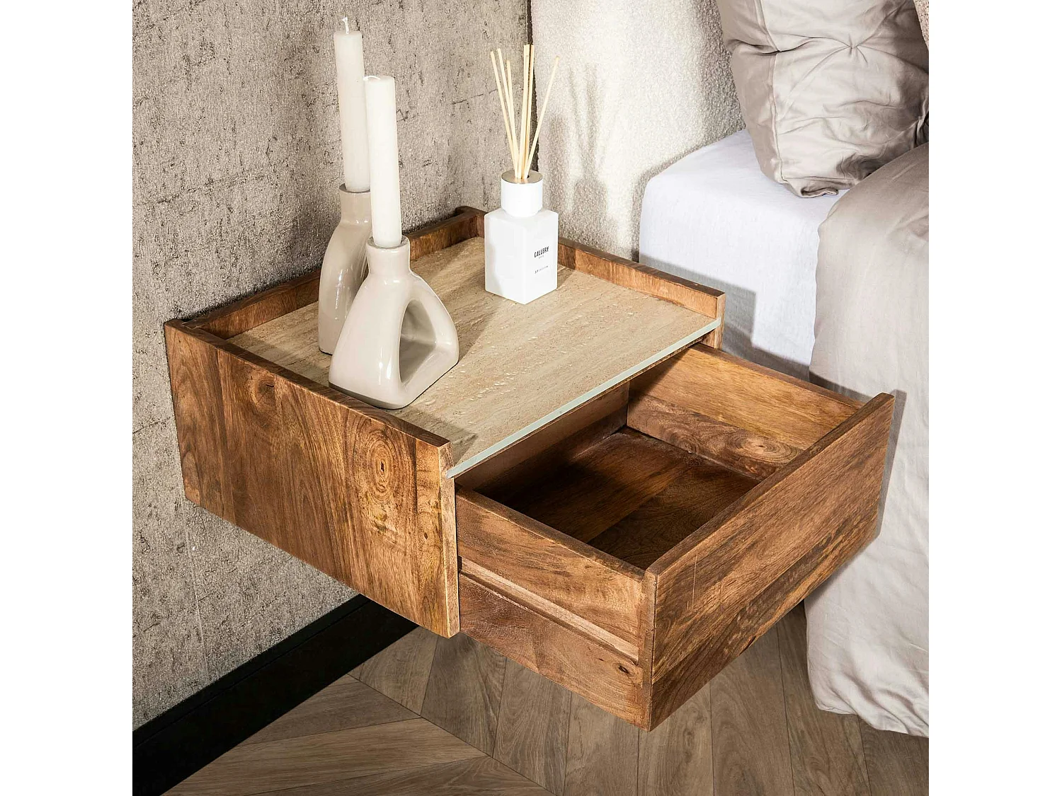 Table de nuit murale en bois et céramique, 1 tiroir ASCOLI