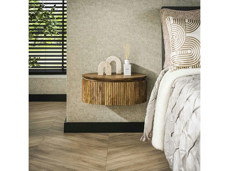 Table de nuit murale en bois de manguier rainuré, forme ronde DELHI