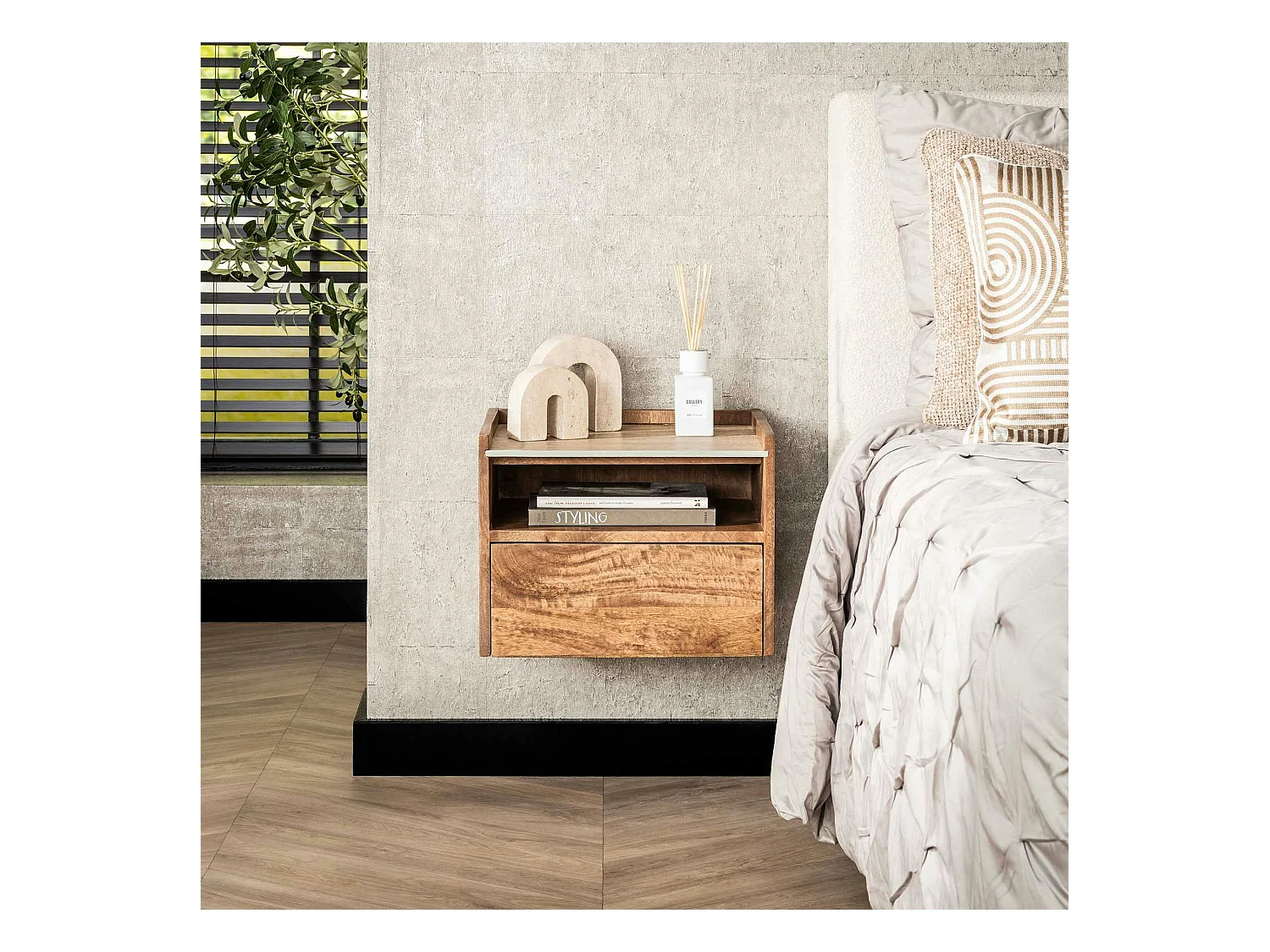 Table de nuit murale en bois et céramique, 1 niche et 1 tiroir ASCOLI