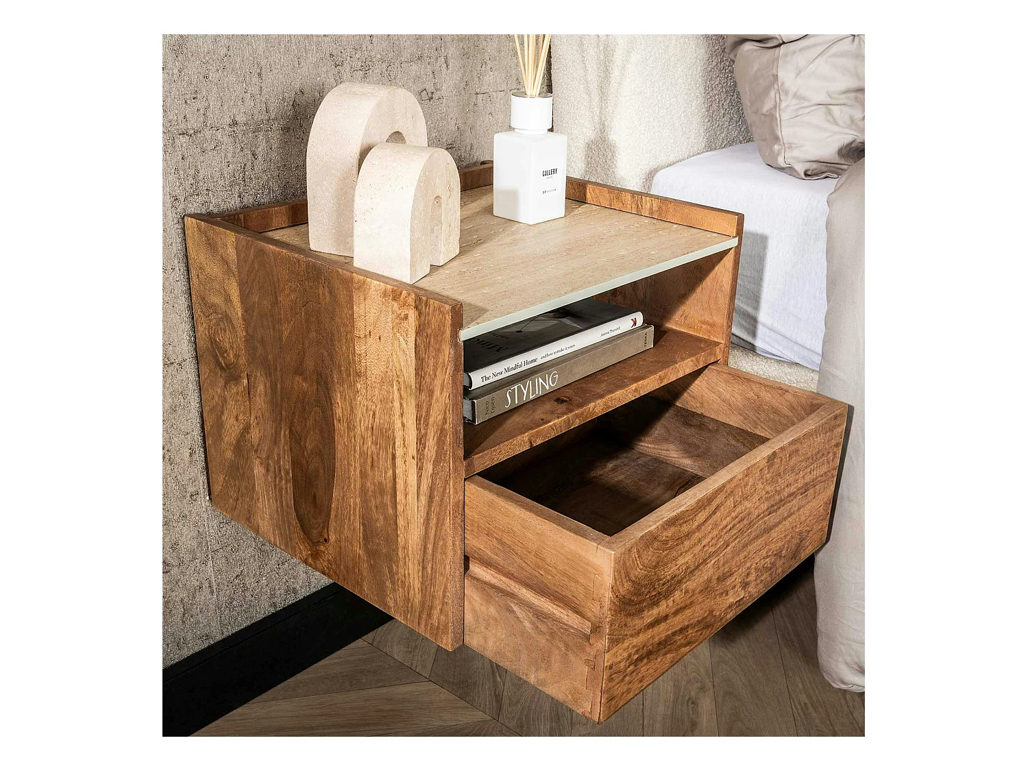 Table de nuit murale en bois et céramique, 1 niche et 1 tiroir ASCOLI