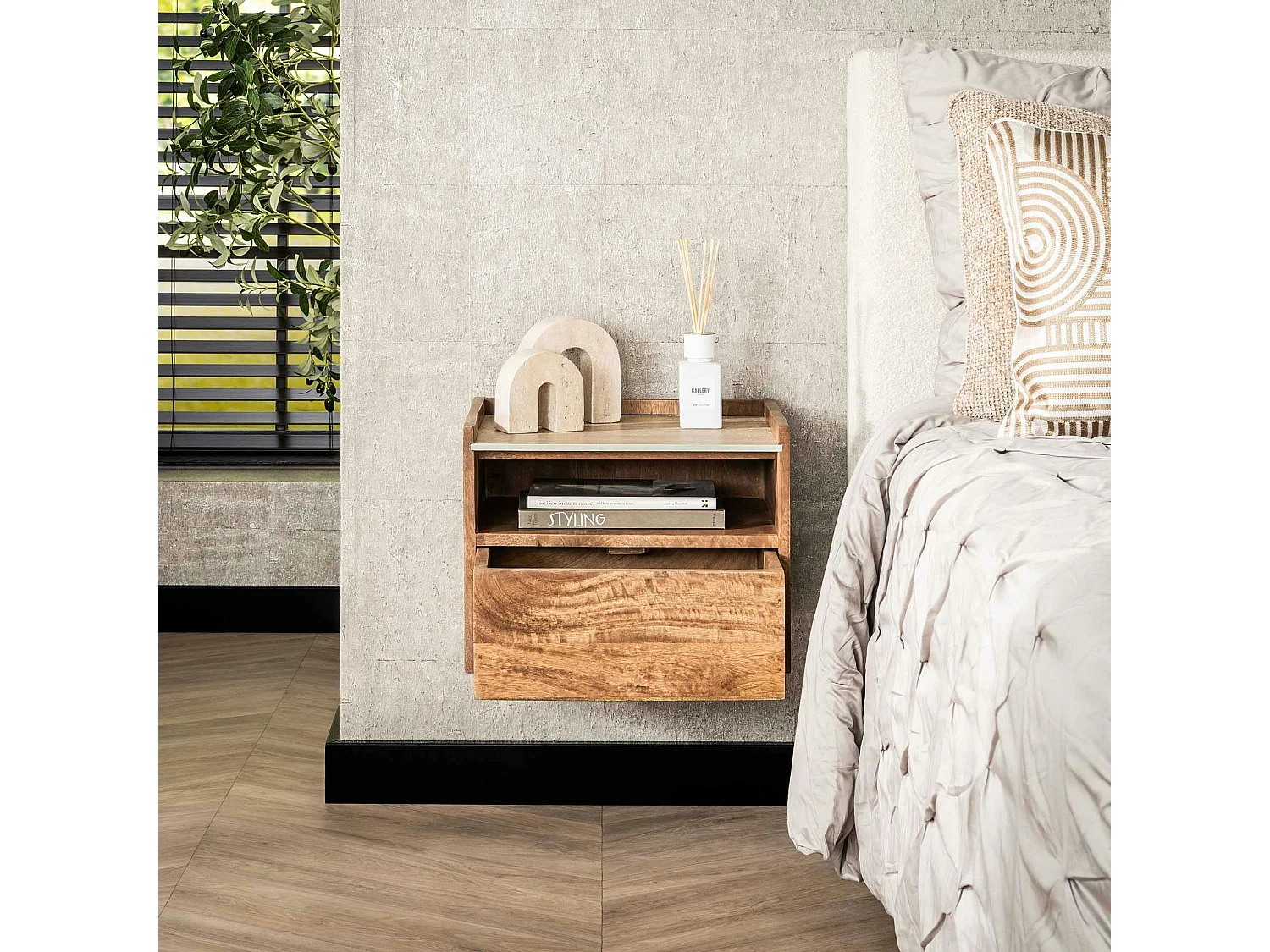 Table de nuit murale en bois et céramique, 1 niche et 1 tiroir ASCOLI