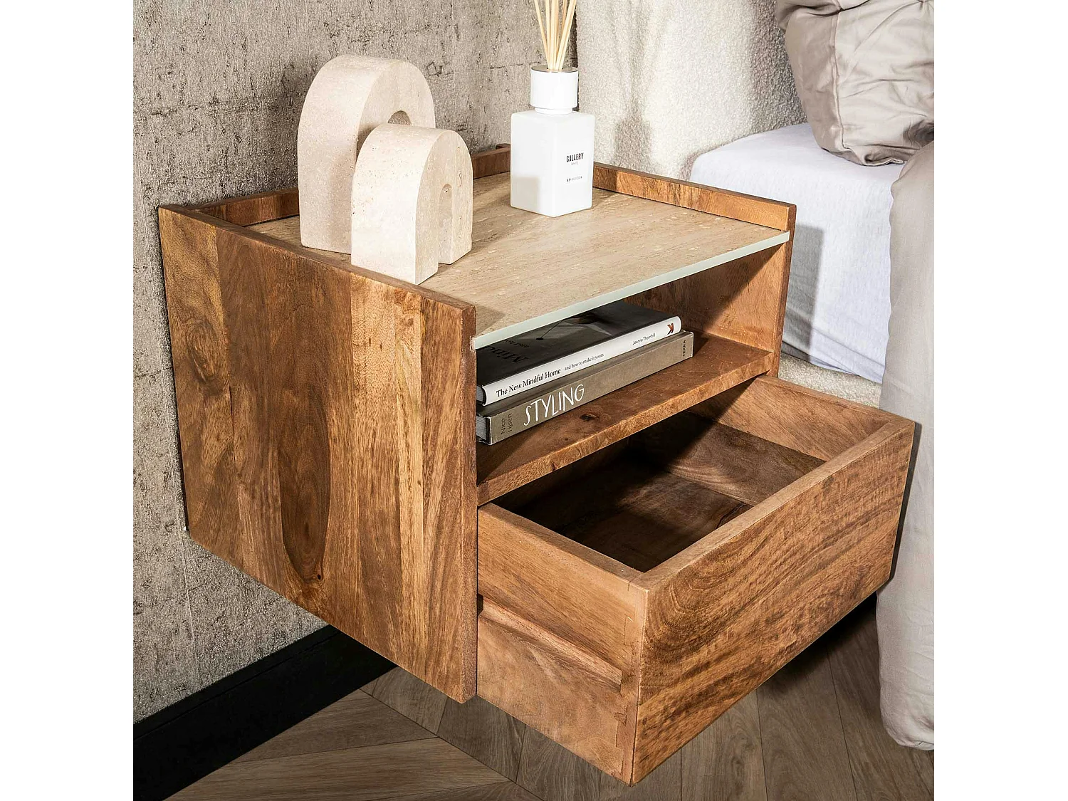 Table de nuit murale en bois et céramique, 1 niche et 1 tiroir ASCOLI