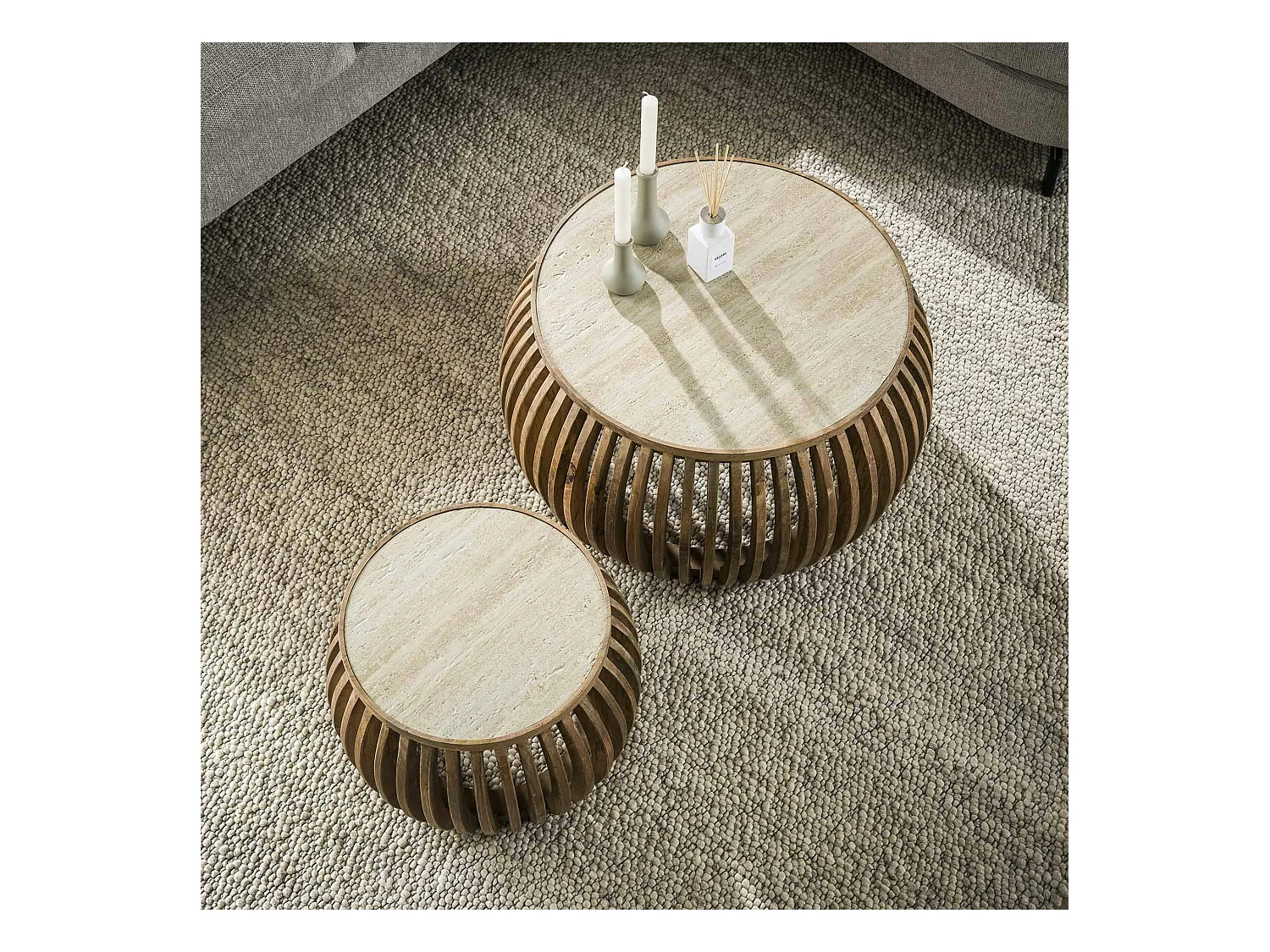 Table basse ronde en bois de manguier et céramique (lot de 2) ASCOLI