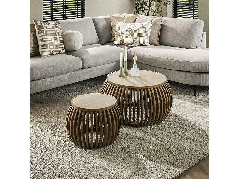 Table basse ronde en bois de manguier et céramique (lot de 2) ASCOLI