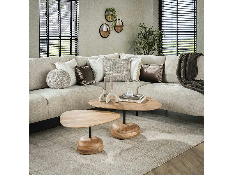 Table basse organique en bois d'acacia avec pied en bois sculpté (lot de 2) MELBOURNE