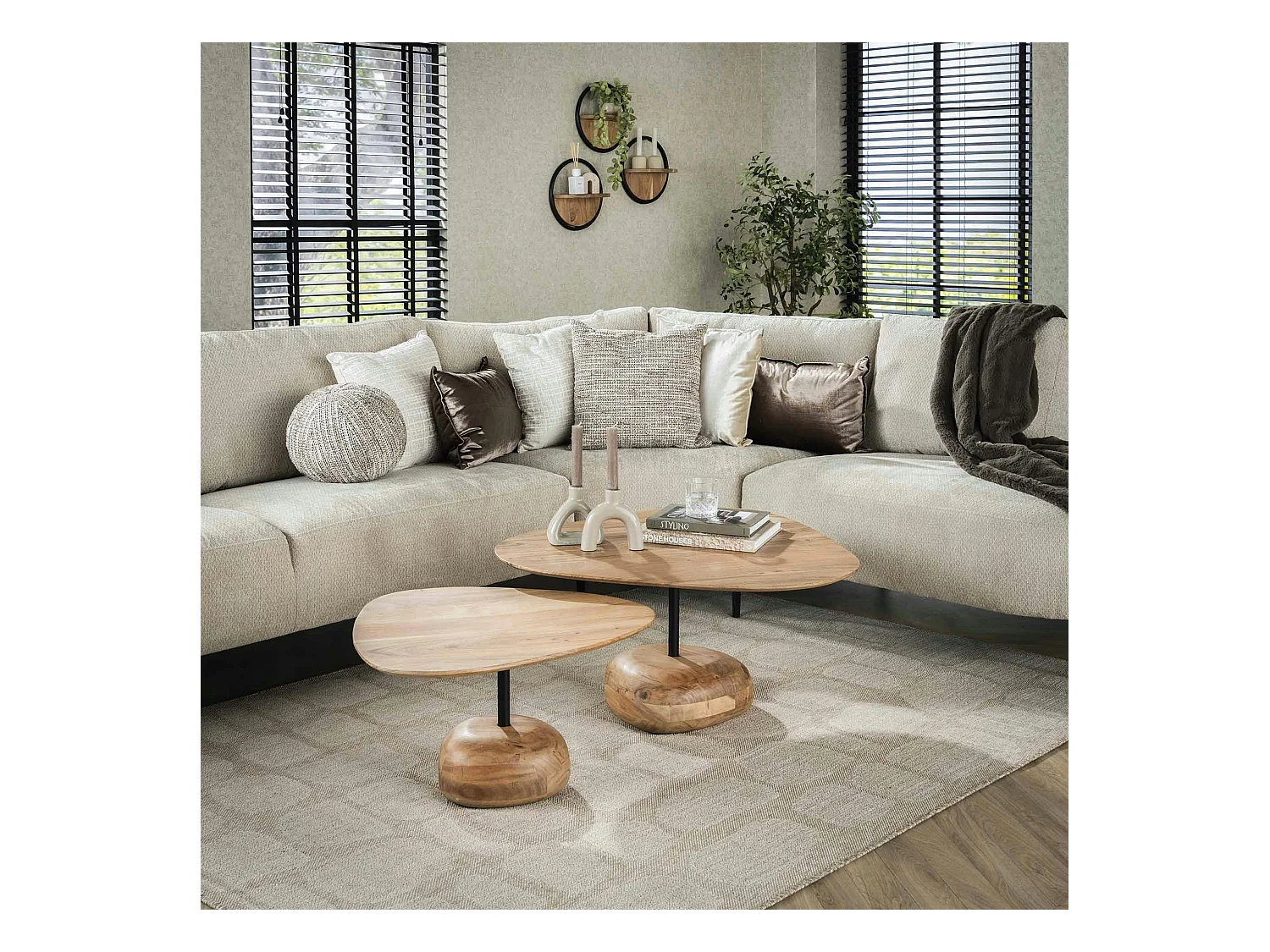 Table basse organique en bois d'acacia avec pied en bois sculpté (lot de 2) MELBOURNE