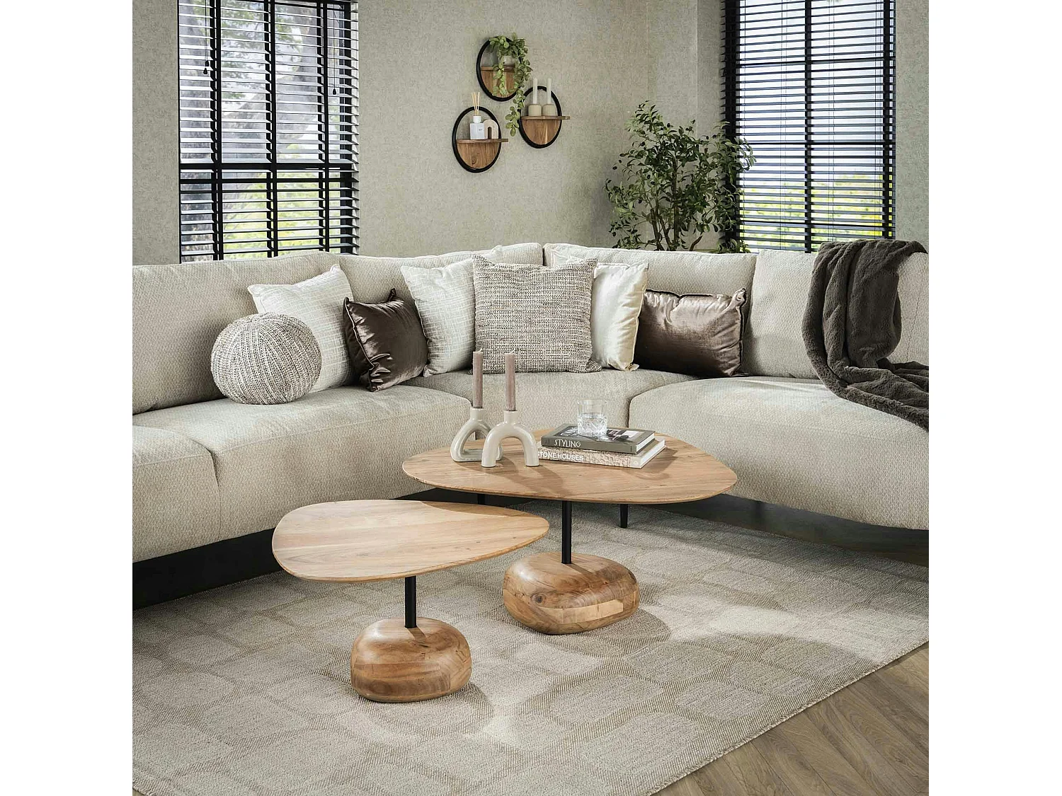 Table basse organique en bois d'acacia avec pied en bois sculpté (lot de 2) MELBOURNE