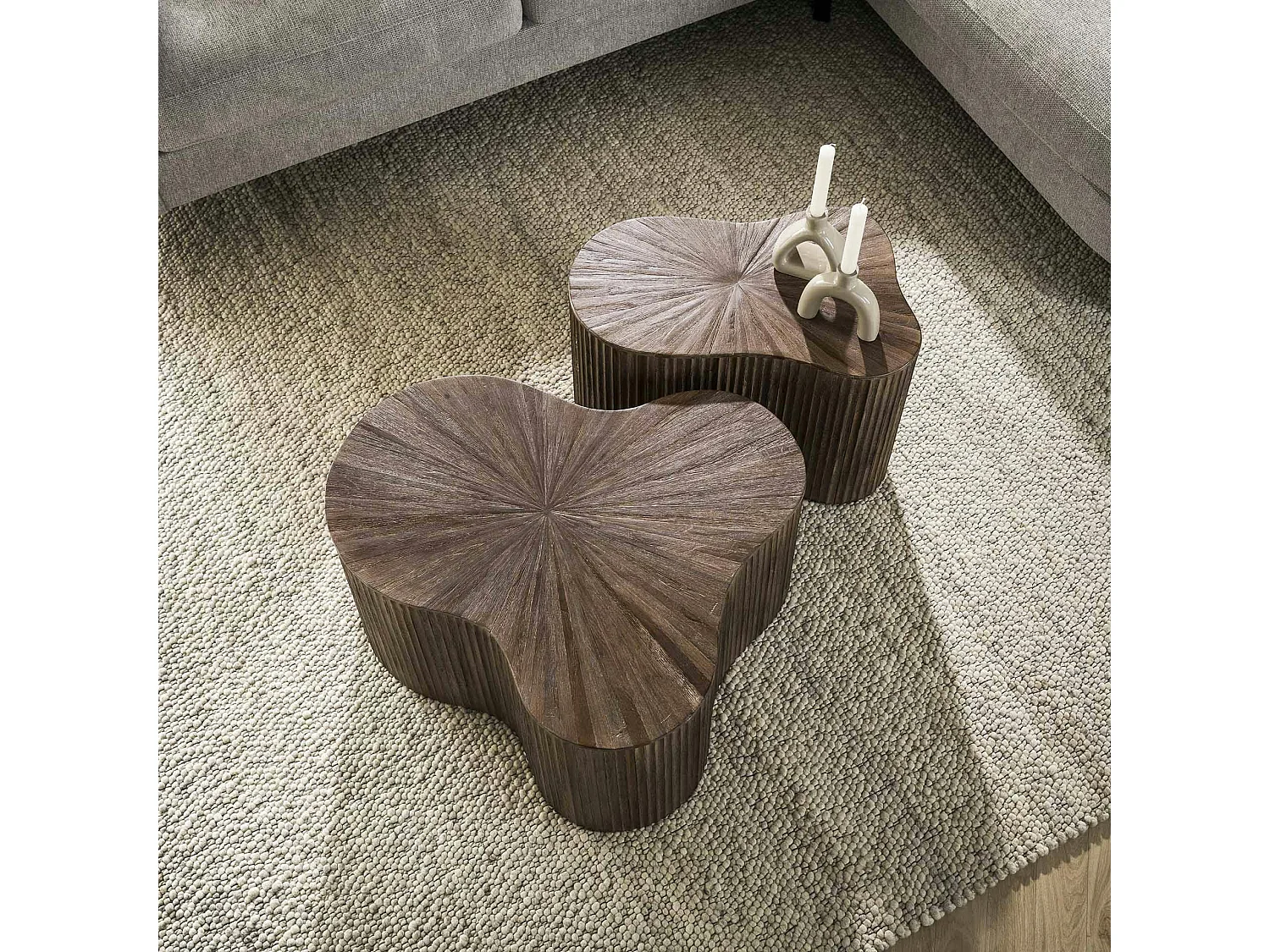 Table basse design en bois de teck avec plateau en marqueterie (lot de 2) YOGY