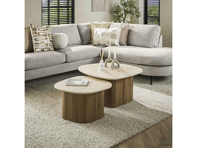 Table basse en céramique et bois, forme galet (lot de 2) ASCOLI