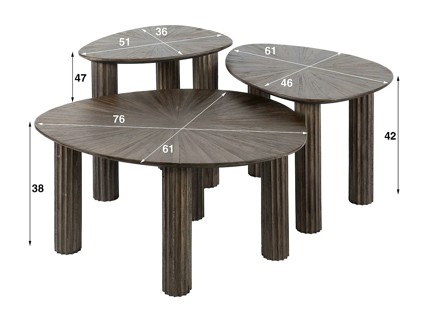 Table basse organique en bois de teck forme triangle (lot de 3) YOGY